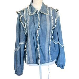 Anthropologie Conditions Apply denim Fringe Long Sleeve Blouse Size M cotton
